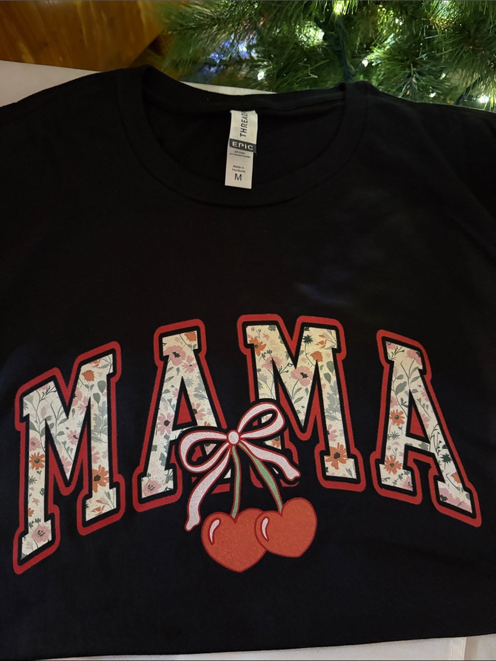 MAMA Floral Cherry Graphic Short Sleeve Tee - Black